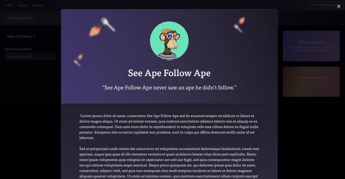 The Web3 e-reader that <a href="/TallyLabsNFT/">Tally Labs</a> developed for my book Bored &amp; Dangerous is truly epic.

You can see illustrations and which licensed characters they feature, bookmark pages, search the book for appearances by character, and read short stories about every Yacht character 🙌