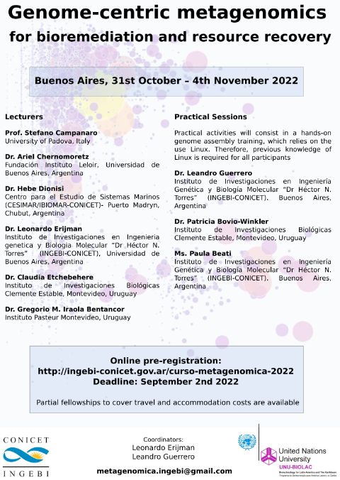 BovioWinkler's tweet photo. 📢𝗜𝗻𝘀𝗰𝗿𝗶𝗽𝗰𝗶𝗼𝗻𝗲𝘀 𝗮𝗯𝗶𝗲𝗿𝘁𝗮𝘀!! Curso "Genome-centric metagenomics for bioremediation and resource recovery" a dictarse en Buenos Aires del 31 de octubre al 4 de noviembre de 2022.
Hay tiempo hasta el 2 de setiembre! 
Mas info: https://t.co/ZkOZ6YJY0L https://t.co/sQZ4xgR0Dt