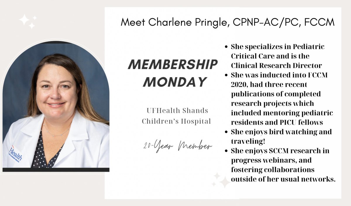 SccmFl's tweet photo. ✨Membership Spotlight✨ Meet Charlene Pringle, CPNP-AC/PC, FCCM 🩺

We would LOVE to feature YOU! Please follow this link to a brief questionnaire https://t.co/edSHoqeOrt 

#SCCMSoMe #SCCMFL #ICU https://t.co/cIPIMDvTud