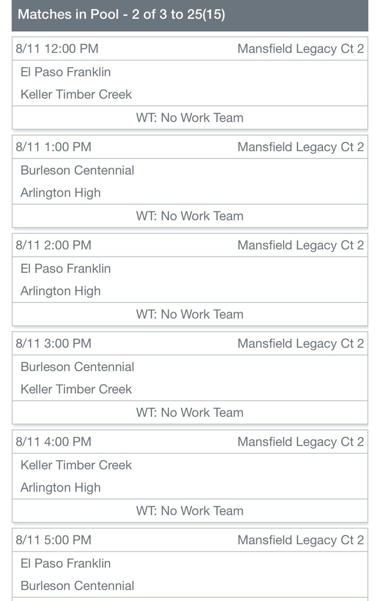 Brian Gosset (@gosset41) on Twitter photo The Mansfield ISD <a href="/MISDathletics/">MISD Athletics Dept.</a> Volleyball Invitational starts tomorrow (Thursday). Pool play ⬇️
Burleson Centennial, Arlington, Timber Creek pool
📌 Legacy HS
Full tournament schedule here: results.advancedeventsystems.com/event/TWFuc2Zp…
#txhsvb <a href="/CHSSpartanVball/">𝐂𝐞𝐧𝐭𝐞𝐧𝐧𝐢𝐚𝐥 𝐕𝐨𝐥𝐥𝐞𝐲𝐛𝐚𝐥𝐥</a> <a href="/TCHSVOLLEYBALL/">TCHSVB</a> <a href="/AHSLadyColtVB/">AHS Lady Colt VB</a> The Mansfield ISD <a href="/MISDathletics/">MISD Athletics Dept.</a> Volleyball Invitational starts tomorrow (Thursday). Pool play ⬇️
Burleson Centennial, Arlington, Timber Creek pool
📌 Legacy HS
Full tournament schedule here: results.advancedeventsystems.com/event/TWFuc2Zp…
#txhsvb <a href="/CHSSpartanVball/">𝐂𝐞𝐧𝐭𝐞𝐧𝐧𝐢𝐚𝐥 𝐕𝐨𝐥𝐥𝐞𝐲𝐛𝐚𝐥𝐥</a> <a href="/TCHSVOLLEYBALL/">TCHSVB</a> <a href="/AHSLadyColtVB/">AHS Lady Colt VB</a>