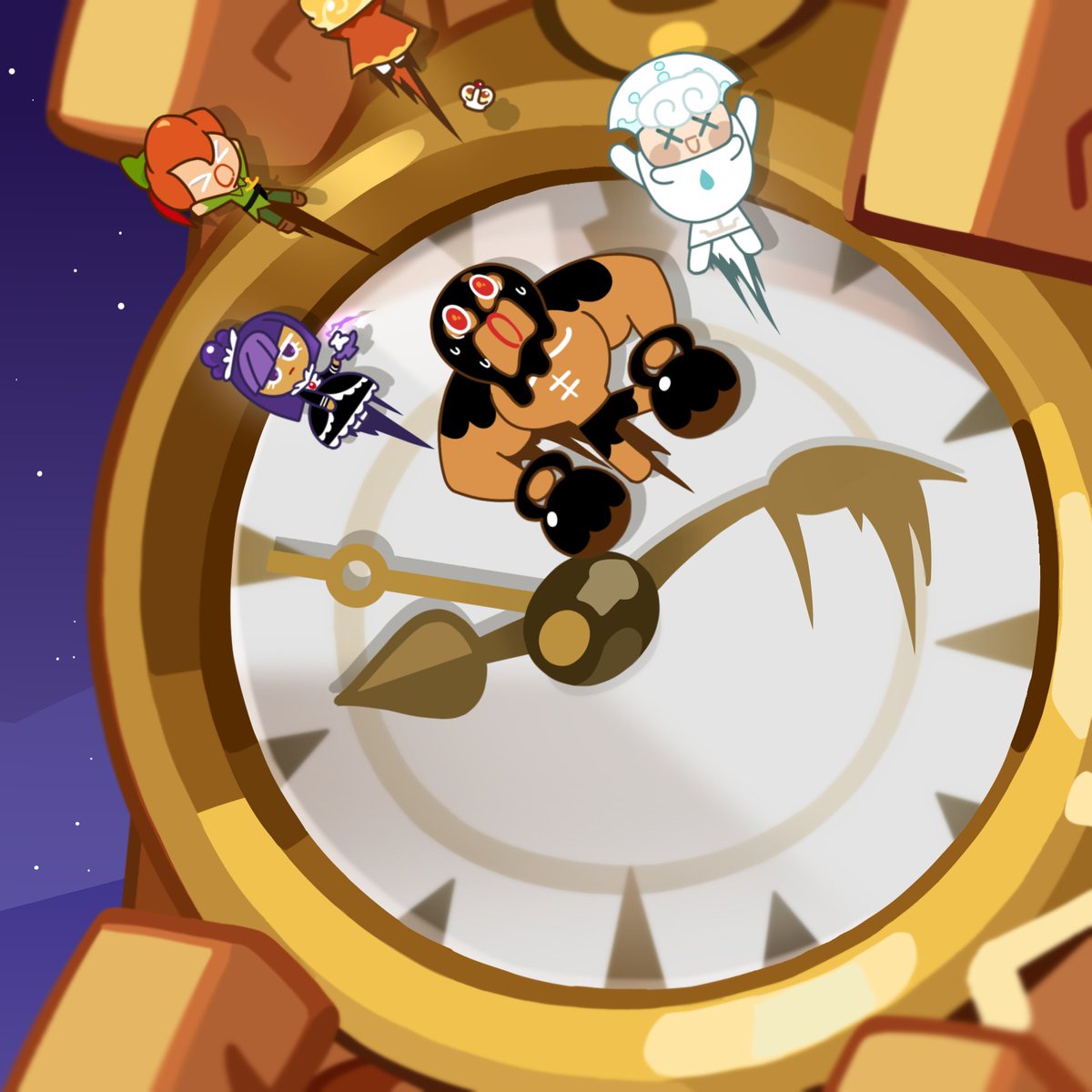 Hey! Look at the clock tower:those Cookies are gonna FLYYY! OH!!! MUSCLE COOKIE, DON'T!😲

사람들아! 똑딱쿠키 시계탑 좀 봐!
쿠키들이 하늘을 날다니!!!🌌
아.. 아니 하늘로 튕겨 나간 건가?!!👼