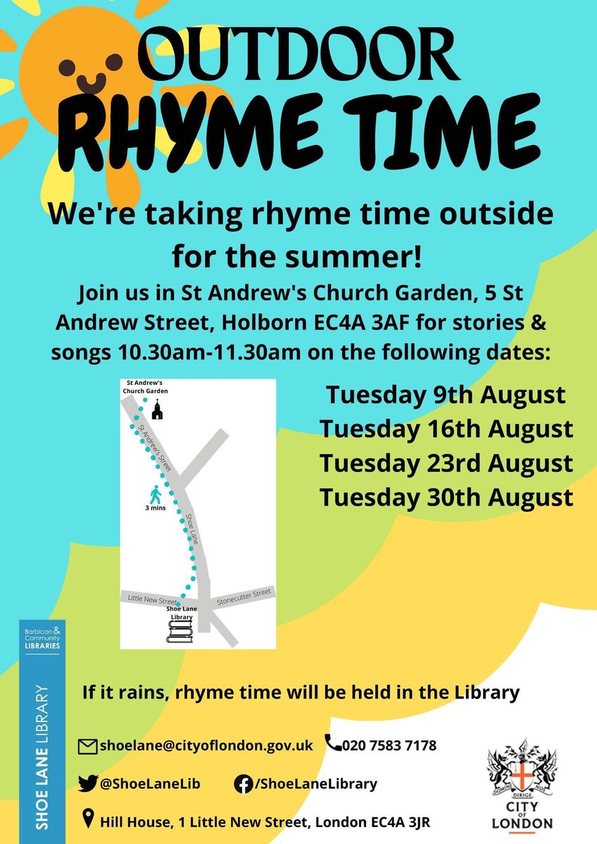 SqMileFamilies's tweet photo. Every Tuesday in August #rhymetime @ShoeLaneLib @standrewschurch @artizanlibrary @LearnLTTA @HENRYhealthy #localoffer #coltale @BarbicanKids https://t.co/kEJuJT7hlT