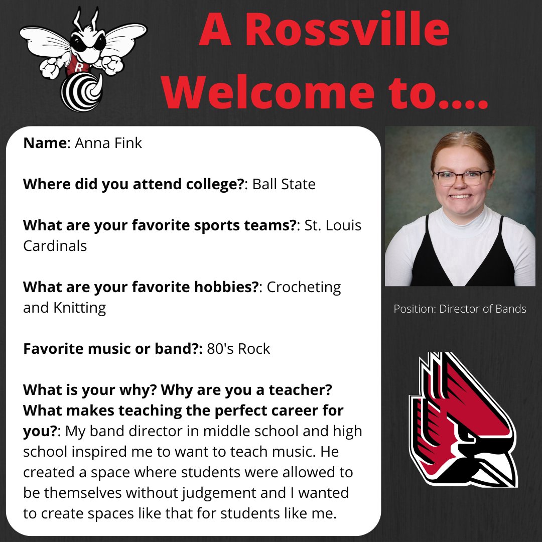 Give #ARossvilleWelcome to Anna Fink!  She is our new Director of Bands! #WeRrossville <a href="/terrylthompson6/">Terry Thompson</a> <a href="/RossvilleSchool/">Rossville Schools</a>