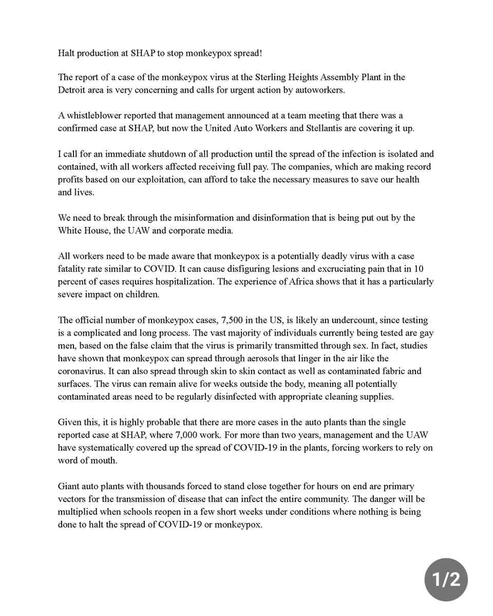 WillforUAWpres's tweet photo. I call for an immediate shutdown of production at SHAP to stop the spread of #monkeypox, with all workers receiving full pay! 

The companies, which are making record profits based on our exploitation, can afford to take the necessary measures to save our health and lives. https://t.co/hNPSCEB8u6