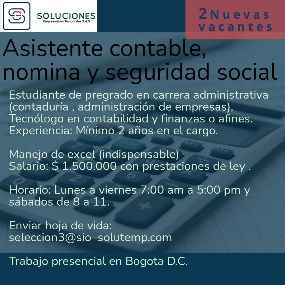 SSolutemp's tweet photo. Estamos contratando. #analistadenomina #trabajoBogota #contratoterminoindefinido #empleobogota #TrabajoSiHay @Mengaana https://t.co/CxNidZUhGZ