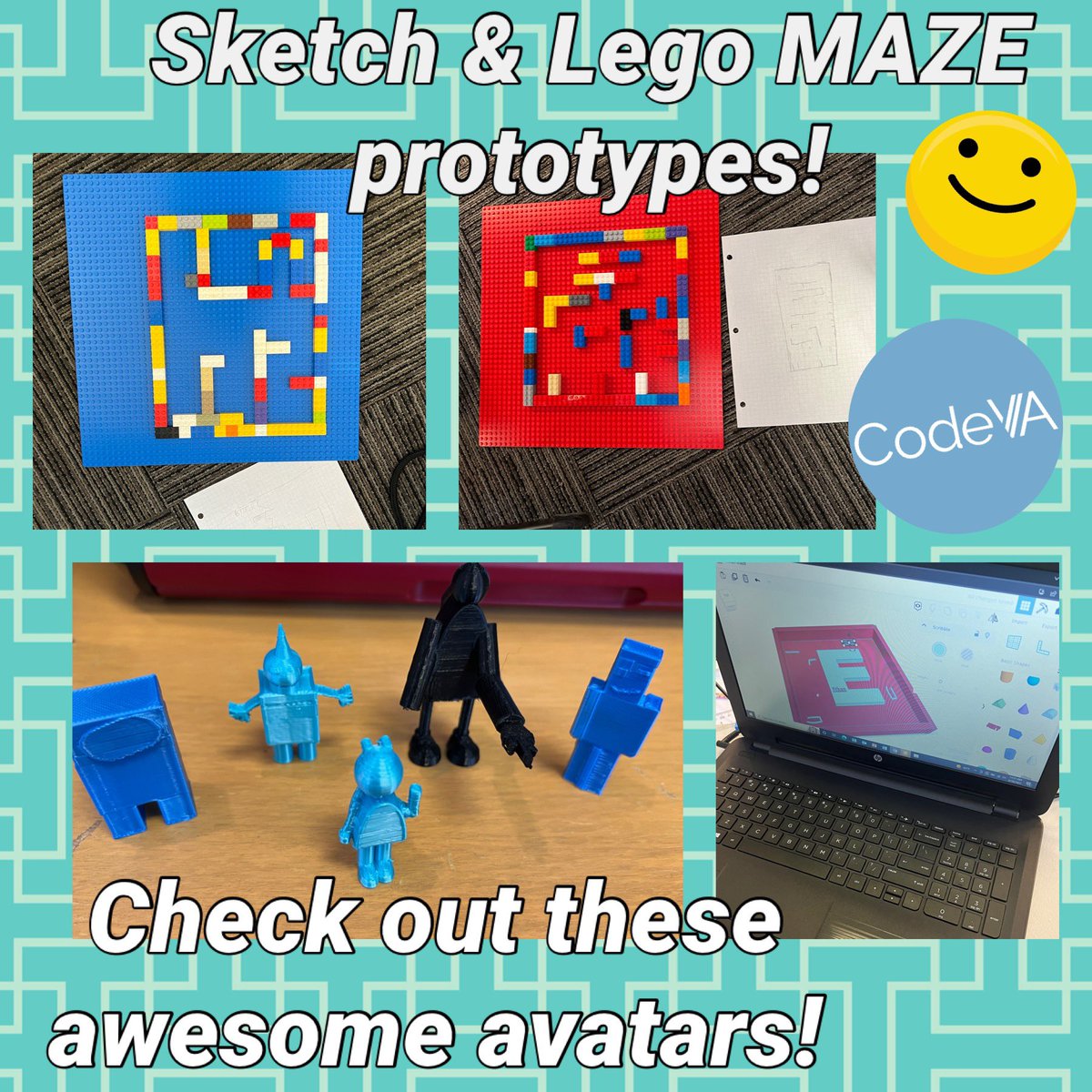 jenhicks's tweet photo. Day 3 of 3D Design &amp; Printing was all about designing a maze on paper, with Legos, &amp; using @Tinkercad! The kids were so creative and are excited to see their mazes printed out! #csed #codeva #eurekaworkshop #steam #csforall 👏😀 https://t.co/VkXy6TqU60