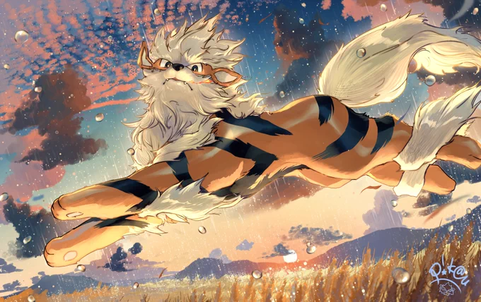の絵は以前イラコンで応募したウインディの絵に加筆して背景を変えたものでしたこういう時にレイヤーを分けておいて良かったって思う。#Pokemon #FanArt 