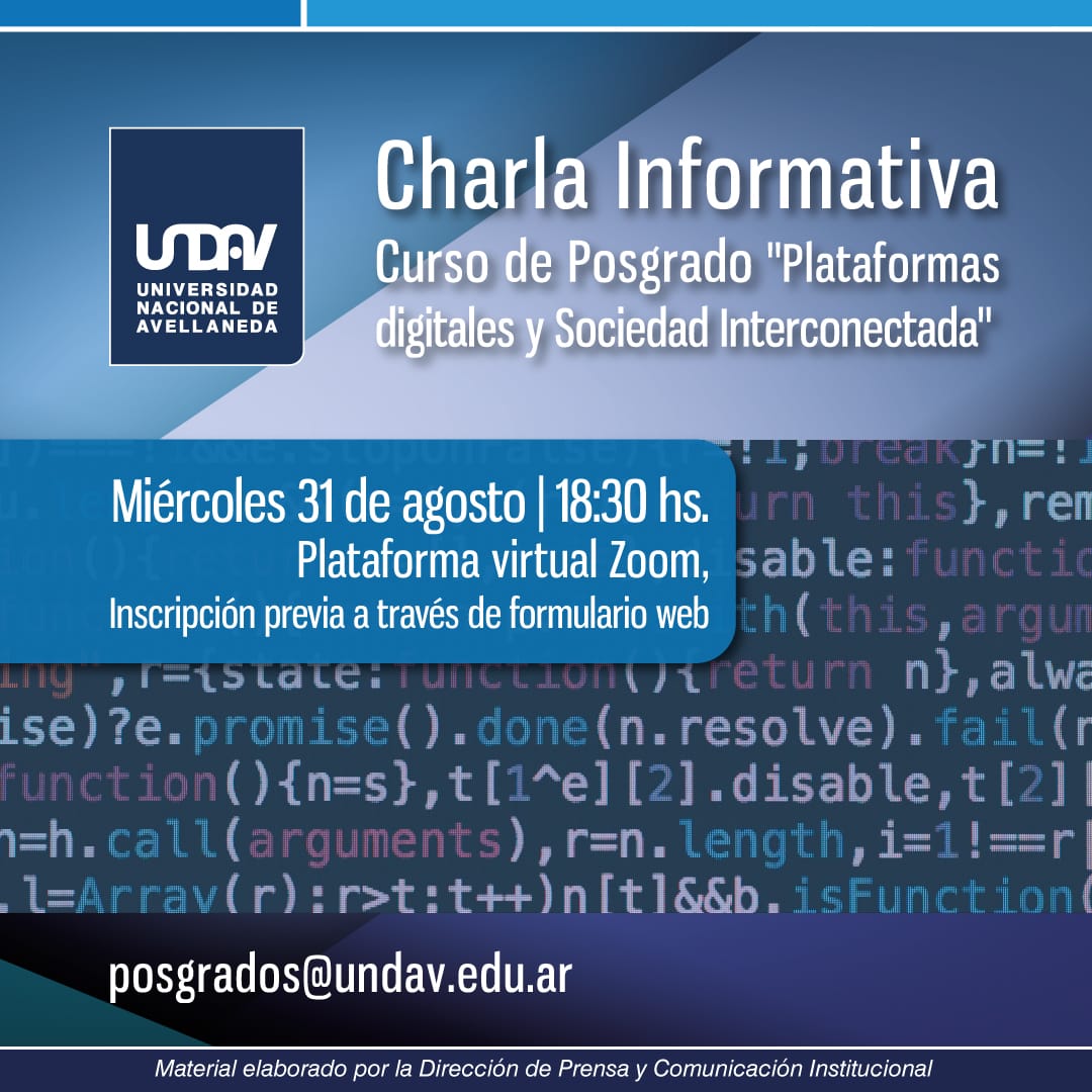 ¿Te interesa el curso PLATAFORMAS DIGITALES Y SOCIEDAD INTERCONECTADA?
👇
Se viene una charla informativa para conocer mejor la propuesta