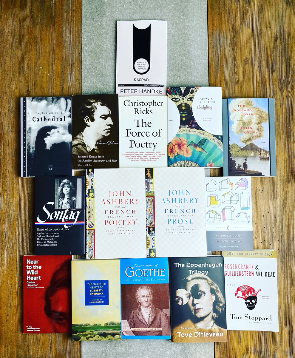 chrisvia's tweet photo. #birthday #bookhaul ! I have people who love me! 

#peterhandke #alejocarpentier #samueljohnson #christopherricks #octaviabutler #susansontag #johnashbery #gastonbachelard #claricelispector #elizabethhardwick #goethe #toveditlevsen #tomstoppard https://t.co/QfHgyp4eSb