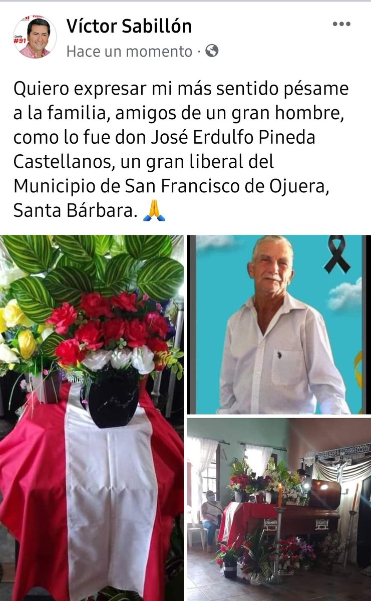 vrsabillon's tweet photo. Quiero expresar mi más sentido pésame a la familia, amigos de un gran hombre, como lo fue don José Erdulfo Pineda Castellanos, un gran liberal del Municipio de San Francisco de Ojuera, Santa Bárbara. 🙏 https://t.co/NT7KdS11bd