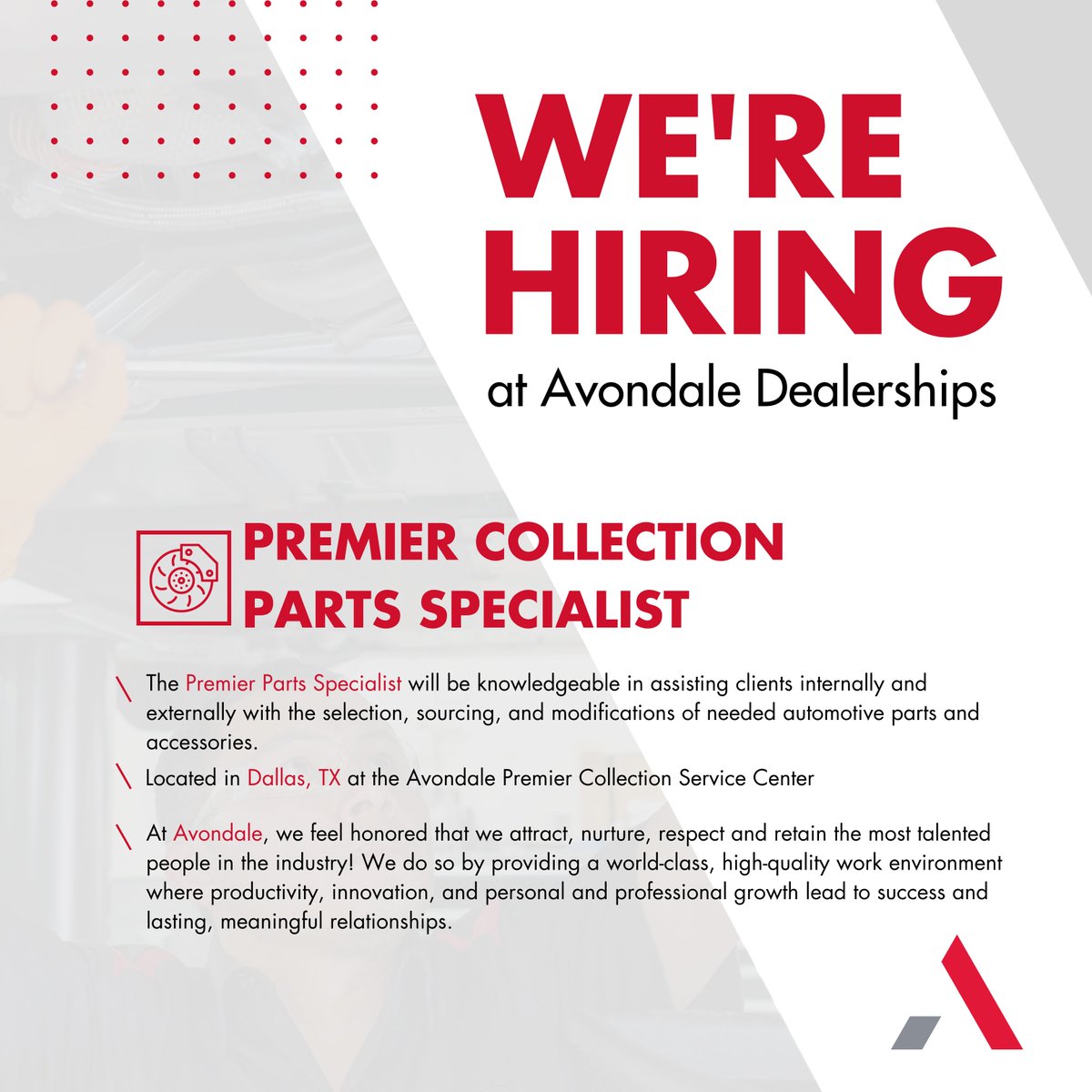 avondale_group's tweet image. The Premier Parts Specialist will be based in Dallas, Texas. Apply/Refer/Share this position: bit.ly/3BOVwGd #avondalecareers #careerswithdrive #premiercollection