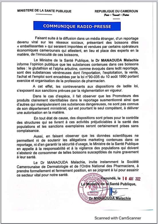 Annenzouankeu's tweet photo. Au #Cameroun, 1 députée commercialise 1boisson qui #blanchit la #peau. 1reportage TV créé la polémique. Le ministre santé @DrManaouda prend position contre le produit. La députée dit fermer boutique. Le chef de son parti politique politise l’affaire. Vidéo en commentaire. https://t.co/fUdl6t9sNL