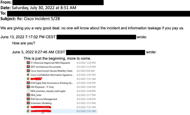 elhackernet's tweet photo. Cisco fue hackeada por el grupo de ransomware Yanluowang tras el robo de los credenciales de un trabajador mediante su cuenta personal de Google 

📝 Comunicado oficial Cisco donde confirma pero minimiza el ataque
https://t.co/tgkGz6eiyT https://t.co/pFs8KvbUma