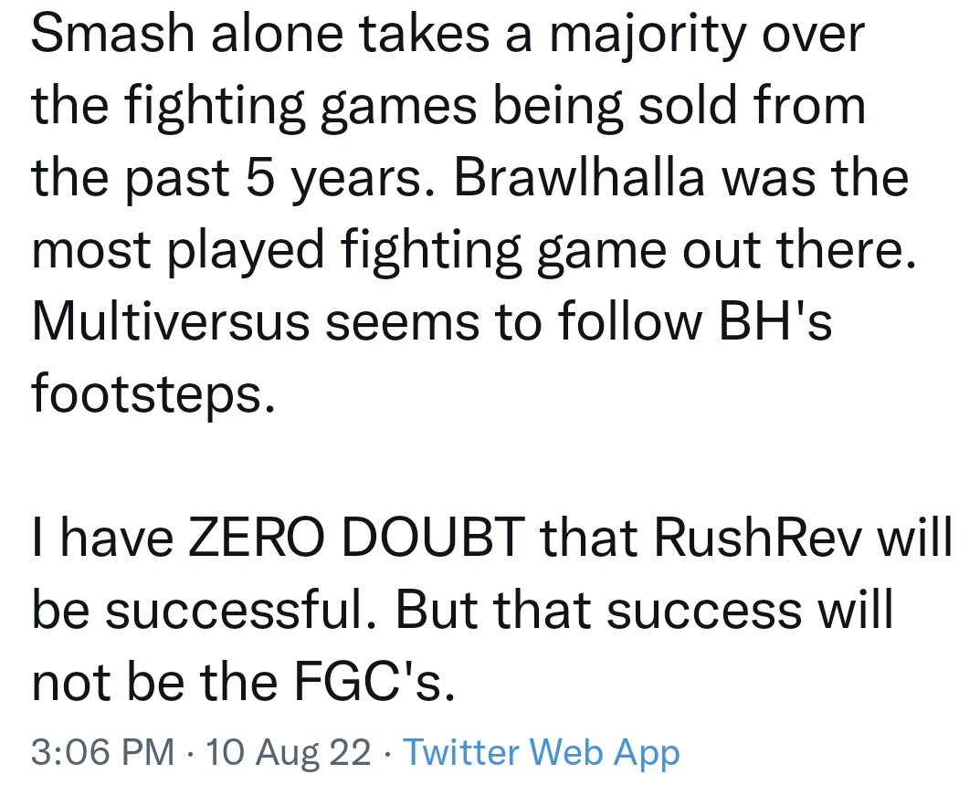 CAKOvalik's tweet photo. The funniest post-EVO take. "RushRev will be successful but FGC doesn't want a part of it."
Is that true? Regardless... We exist to make people happy: our team, our players. No matter where they come from or what game they main. https://t.co/lgpamwUy5t
