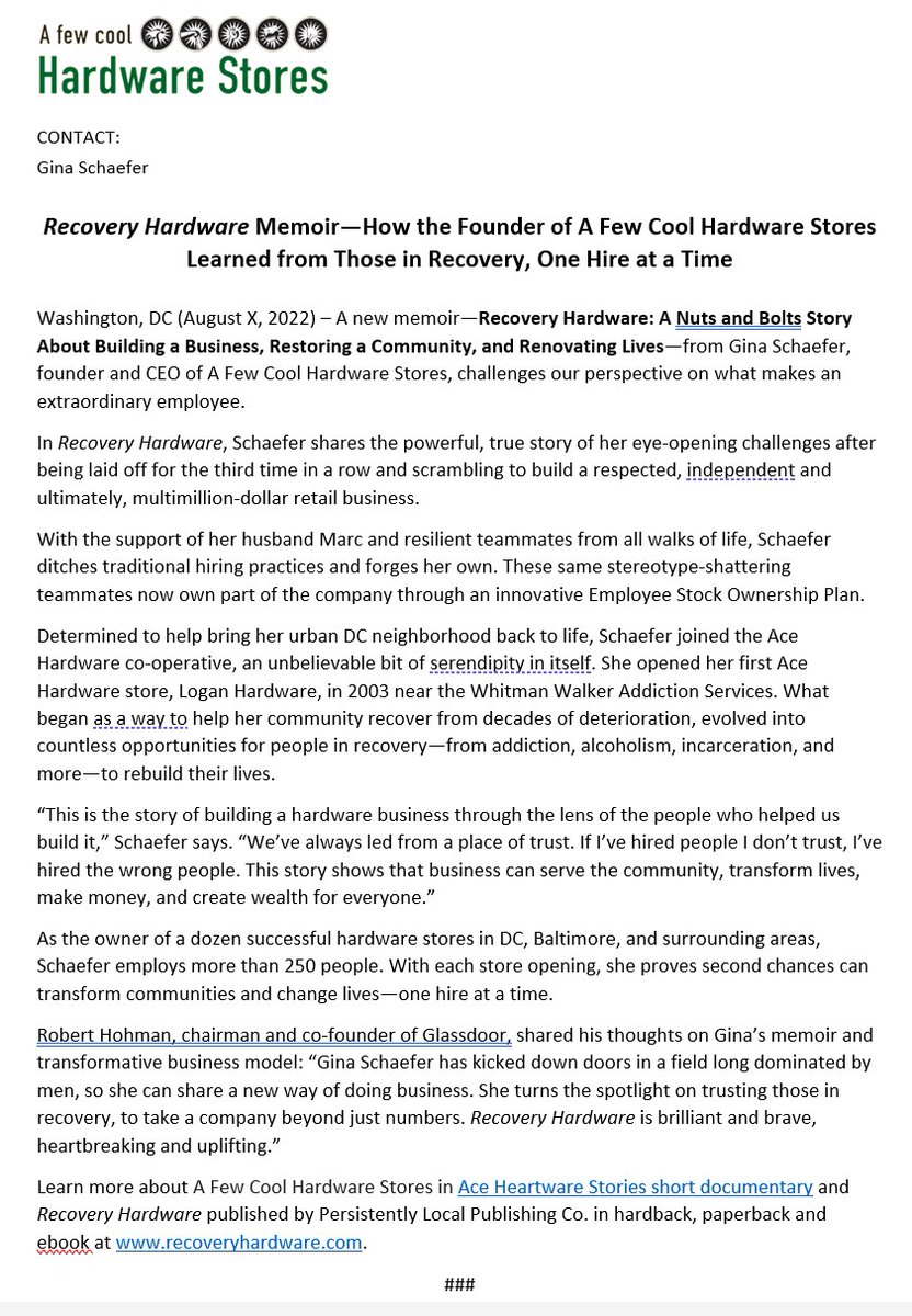 Hi <a href="/DKaneREP/">D. Kane</a>, hope you and <a href="/Hardware_Gina/">Gina Schaefer</a> get to connect on her new memoir #RecoveryHardware. Know she'd love to talk.:)