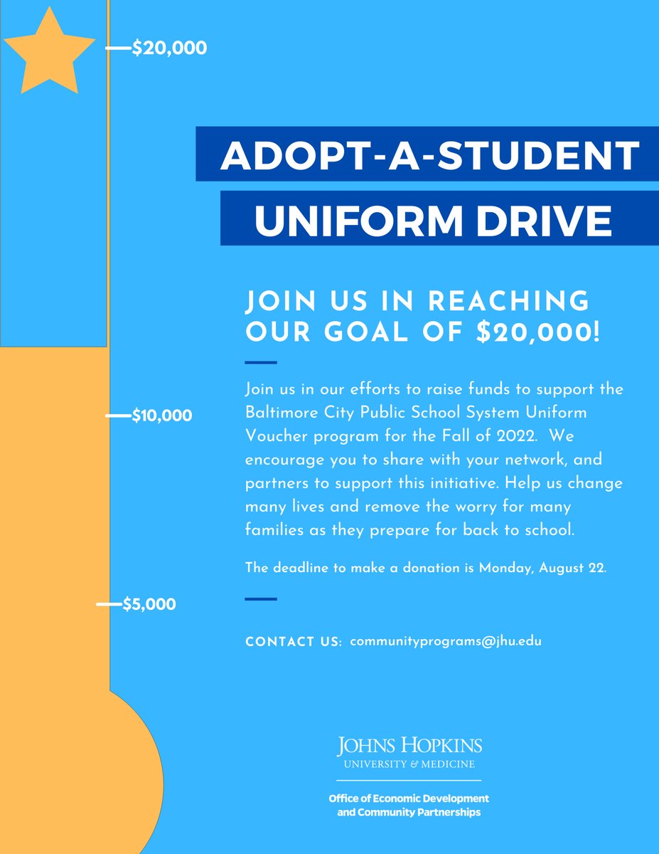 Join us in reaching our goal of $20,000! To learn more and donate, visit - bit.ly/JHUUniformDrive.