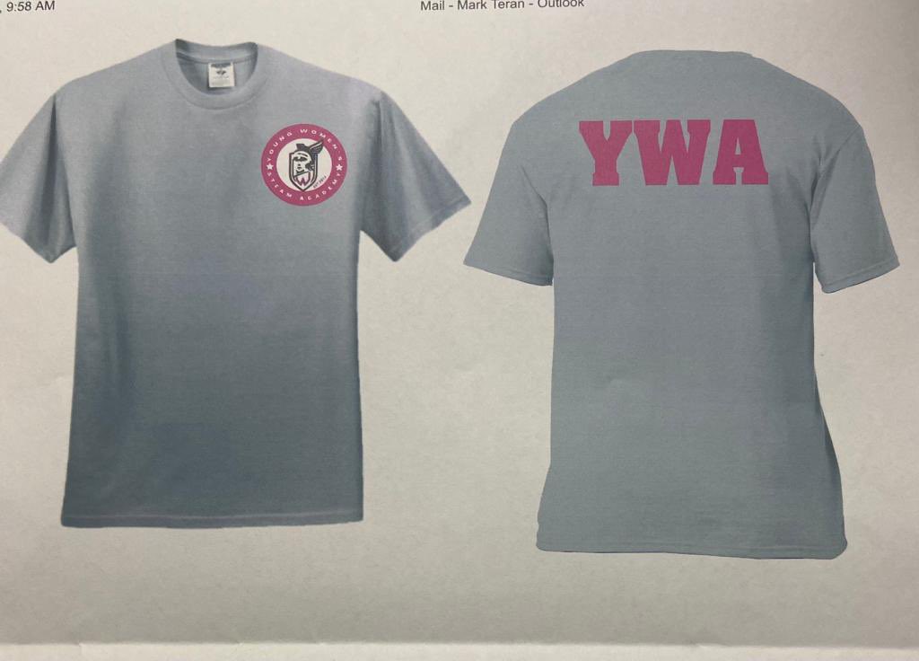 YWA is selling spirit shirts! Middle school students can wear these shirts on Fridays w uniform pants! These shirts look really good on Mom/Dad, Grandma/pa,  Uncle/Aunt anyone else who loves us! Buy your shirts today $17, cash/check by 8/15, a few extra dollars for larger sizes!
