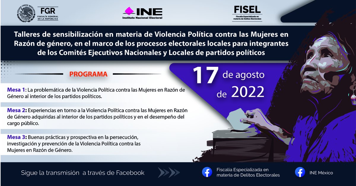 Saraperezrojasa's tweet photo. Miércoles 17 de agosto a las 10.00 am a través de Fb: @FiscaliaElecMx  “https://t.co/3VSNagyO1s Foro de Talleres de sensibilización Violencia Política contra las Mujeres en Razón de género, para integrantes de CEN Nacionales y Locales de partidos políticos. #INE #CDMX  #mujeres https://t.co/9mKw83jyAr