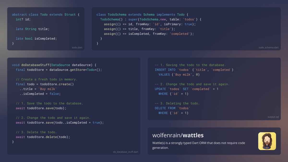 wolfenrain's tweet photo. Let me introduce you to Wattle(s), a Dart ORM that does not require generating code. 

How does it work? Well it uses Dart magic, hacks and the last braincell that I had left. So I wont be explaining that (yet). 🧙‍♂️💻

But I can at least tell you how to get "started". 🧵👇

1/5 https://t.co/MRIyDIxyfL
