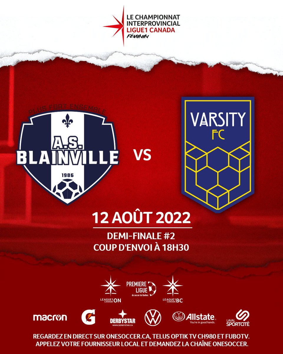 PSLCanadaHQ's tweet photo. La 2e demi-finale du championnat interprovincial de #L1C sera un affrontement excitant entre l'Est et l'Ouest
L' @ASBlainville affrontera le @Varsity_FC
📅 12 août 2022
⌚ 18h30 (HE)
🏟️ Complexe Sportif Bois-De-Boulogne, Laval
📺 @onesoccer
🎟️🎟️
https://t.co/xUi0yVE5rt https://t.co/X75SAJzLxS