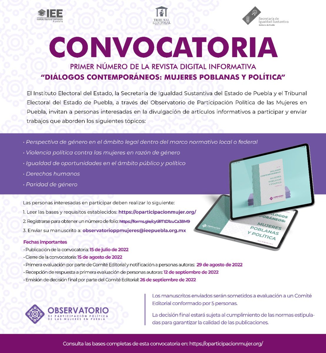 Puebla_IEE's tweet photo. El #IEEPuebla, el @trielecpue, @IgualdadGobPue a través del #OPPMujer invitan al 1er. número de revista informativa 🙋🏻‍♀️

Fecha límite: 15 de agosto📝

💻Visita: https://t.co/VXm8VQo5w4
 🖊️Registro: https://t.co/tWeDmY4JqJ

📩Contacto:  observatorioppmujeres@ieepuebla.org.mx https://t.co/n0fy3BPUGn