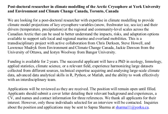 New post-doc opportunity:
How will climate change influence mobility within and through the Canadian Arctic? Work with northern communities to develop informed adaption options alongside <a href="/Sharmalab/">Sapna Sharma</a>,  <a href="/jackie_dawson/">Dr. Jackie Dawson</a>, @riwoolway  myself, and other good folks!