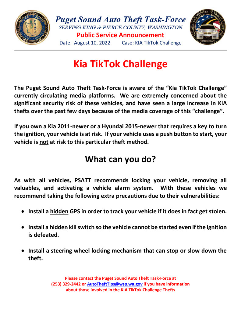 PugetSoundATTF's tweet photo. Public Service Announcement in regards to the "Kia TikTok Challenge" circulating media platforms. #psatt #autotheft #kingcounty #piercecounty #watpa #kia #hyundai https://t.co/5In1ObODcU