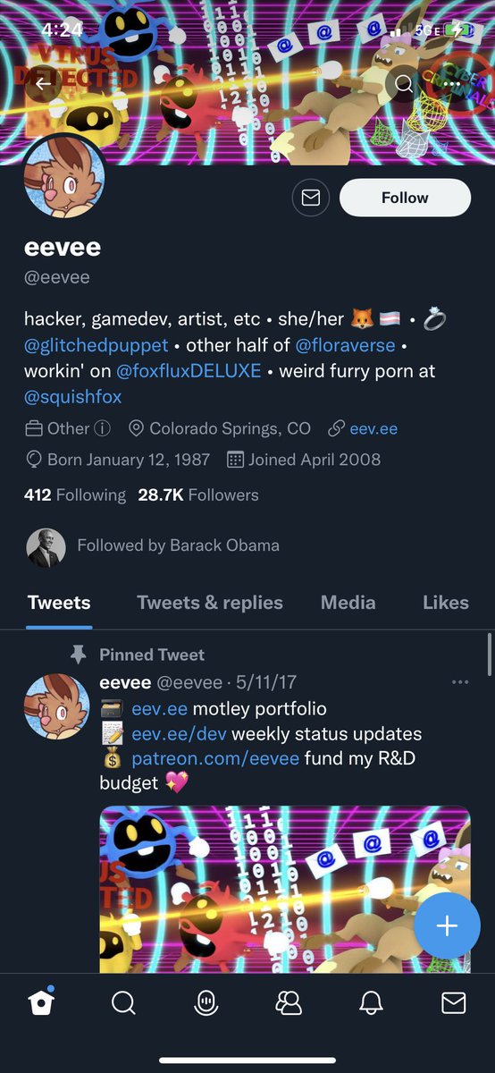 Pramguitar's tweet photo. @emharris2016 @eevee Wait Barack Obama follows this account?? https://t.co/YrBfZNtVPO