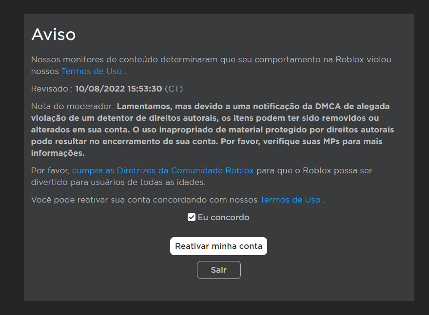 MINHA CONTA FOI BANIDA do ROBLOX.. 