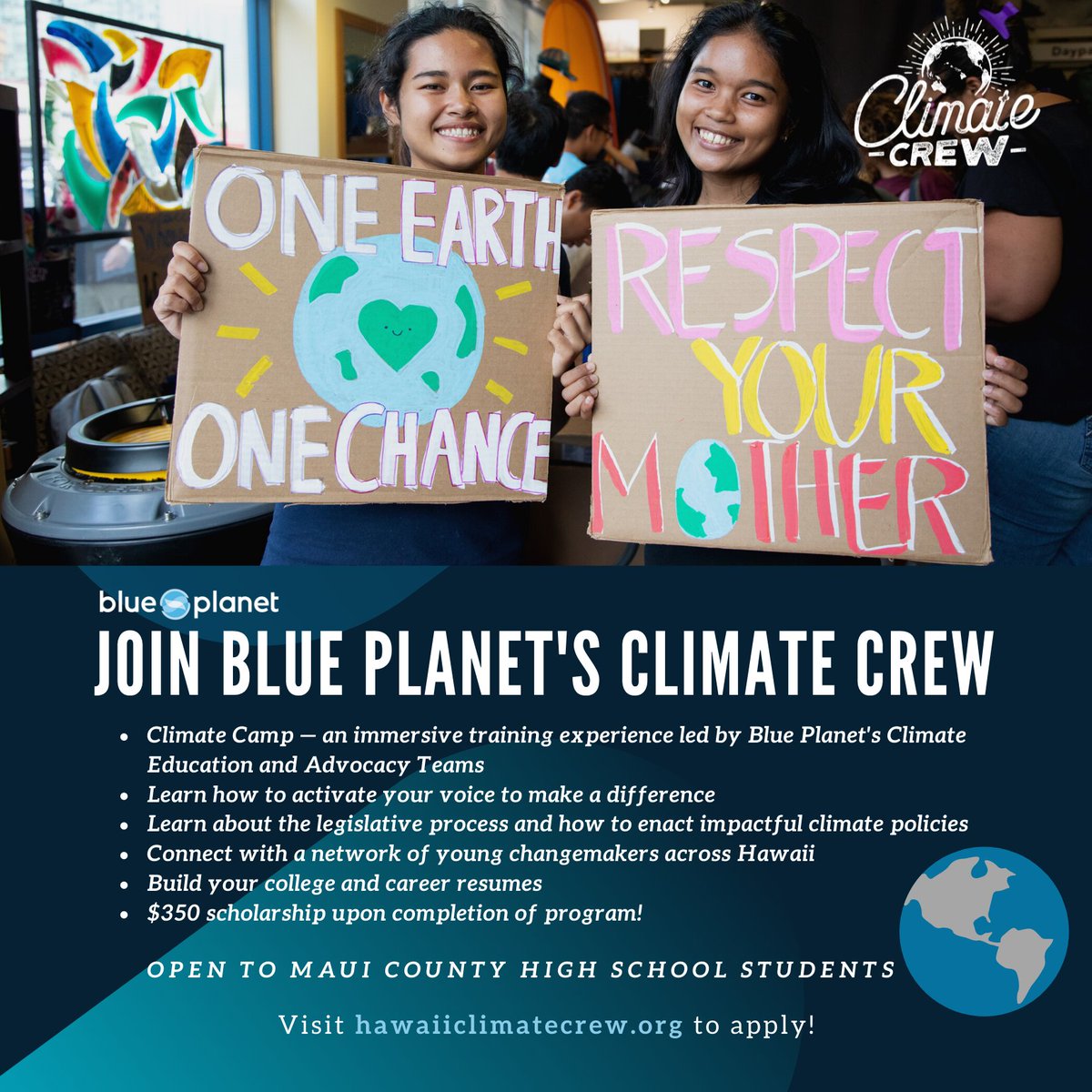 Currently accepting applications to our next Climate Crew Cohort! High school students on Molokai, Lanai, and Maui can apply at HawaiiClimateCrew.org before September 2, 2022. #ClimateCrew #ClimateCrewHawaii #ClimateAction