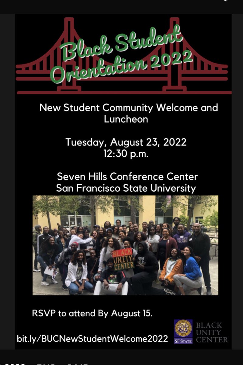 We’re excited to welcome our new #BlackUnitySFSU Gators to campus. RSVP for a Community Welcome and Luncheon. Come meet student leaders, your peers and faculty/staff who are here to support you while attending #SFSU. RSVP: bit.ly/BUCNewStudentW…