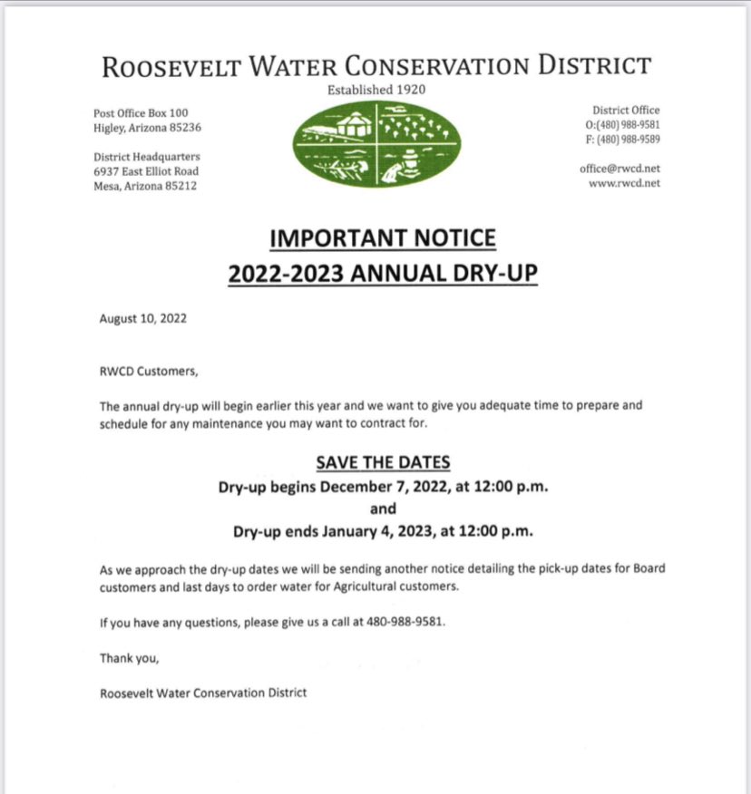 AzRWCD's tweet image. 📣Please be on the lookout for your annual dry up notice! 📢

DECEMBER 7, 2022 to JANUARY 4, 2023

If you have any questions, please don’t hesitate to contact the office at 480–988–9581￼

Thank you!

#rwcd #irrigation #annualdryup #dryup #SystemMaintenance

￼
