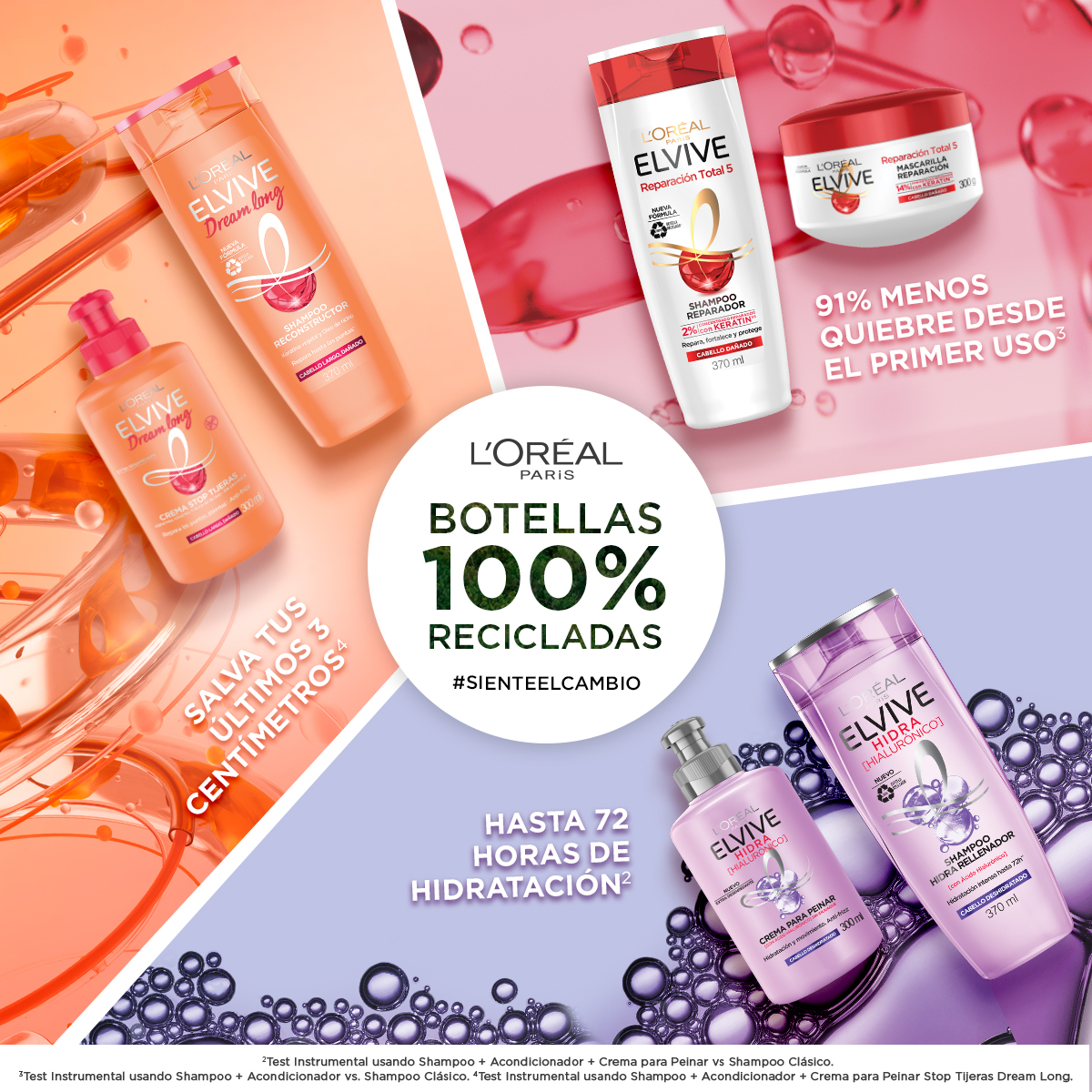 Elvive ahora con botellas 100% recicladas para que cuides el planeta y tu pelo 💜.