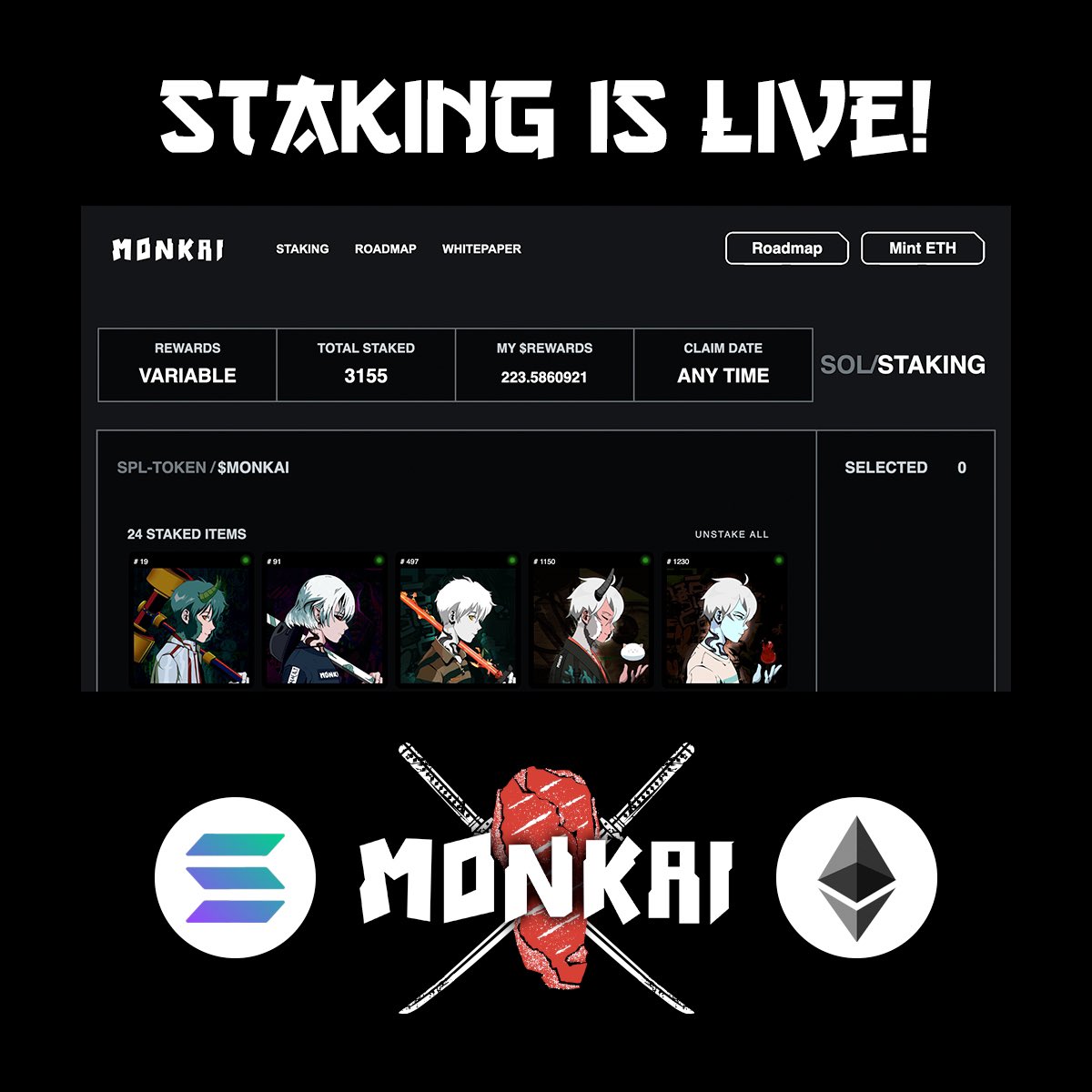 MonkaiNFT's tweet photo. Don’t miss out on staking, which is live for ETH and SOL. For those who aren’t familiar with staking, we have a #HowToStake channel in our discord.

Come join us! So much more to come. https://t.co/ttoOu7TN3u https://t.co/OAQ01boRuG