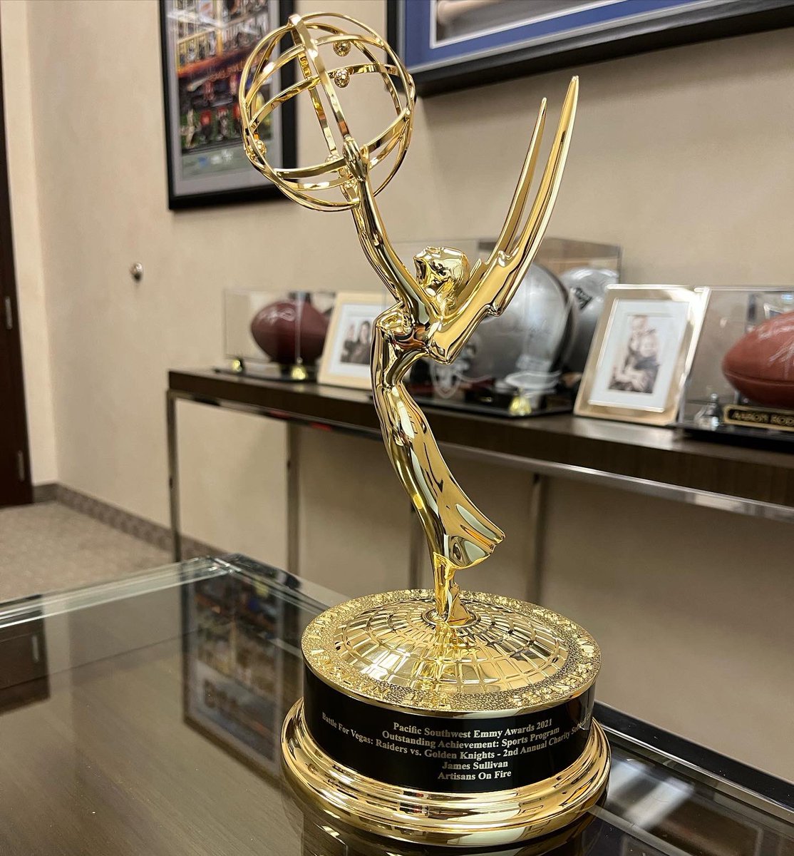 JD_Sully's tweet photo. Something new to add next to my fantasy football trophies.  The Battle For Vegas TV special won an Emmy!  What started as an idea 4-years ago has turned into a one-of-a-kind community event raising over $500k for deserving children’s charities and is now an Emmy-winner! https://t.co/H1NUFtxWY6