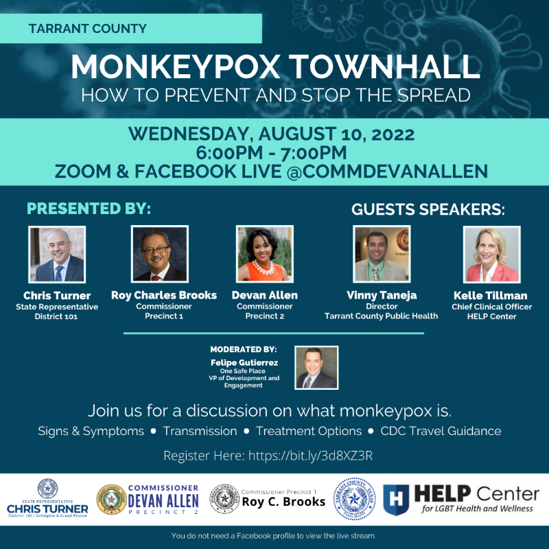 CommDevanAllen's tweet photo. The Monkeypox Town Hall will live stream on Facebook @6PM. There's STILL TIME to REGISTER! Join State Rep. Chris Turner (House District 101), and Commissioners Roy Charles Brooks (Pct 1) and Devan Allen (Pct 2) for this discussion. Register here:  https://t.co/QIlP0lUEp2