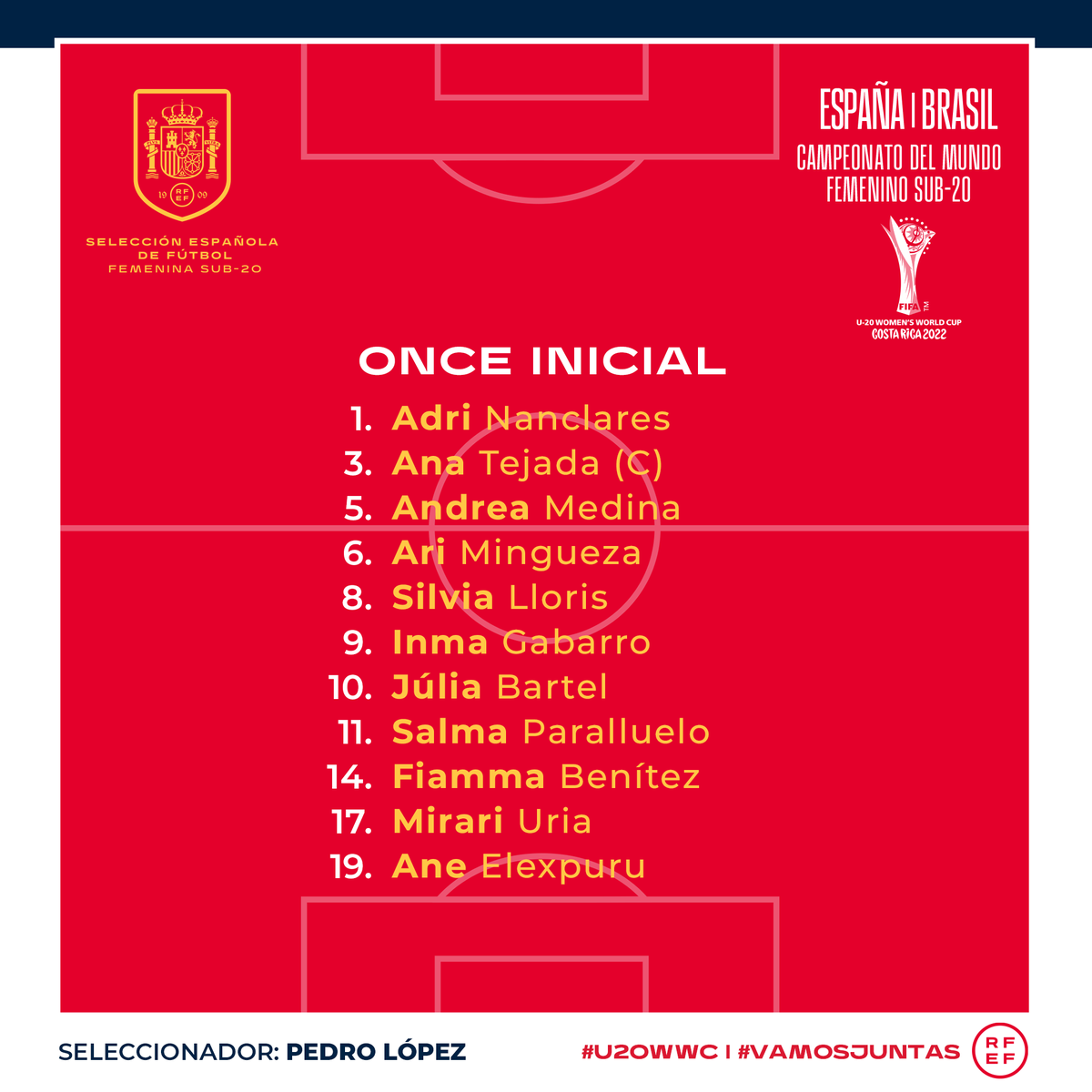 SEFutbolFem's tweet photo. 🚨 ¡¡YA TENEMOS EL ONCE DEL DEBUT DE ESPAÑA!!

👥 Con esta alineación jugarán ante Brasil las internacionales dirigida por @PedroLopzRamos en el Estadio Nacional de San José.

🙌🏻 ¡¡Estamos con vosotras, chicas!!

#U20WWC | #VamosJuntas https://t.co/2T75YGbrKx
