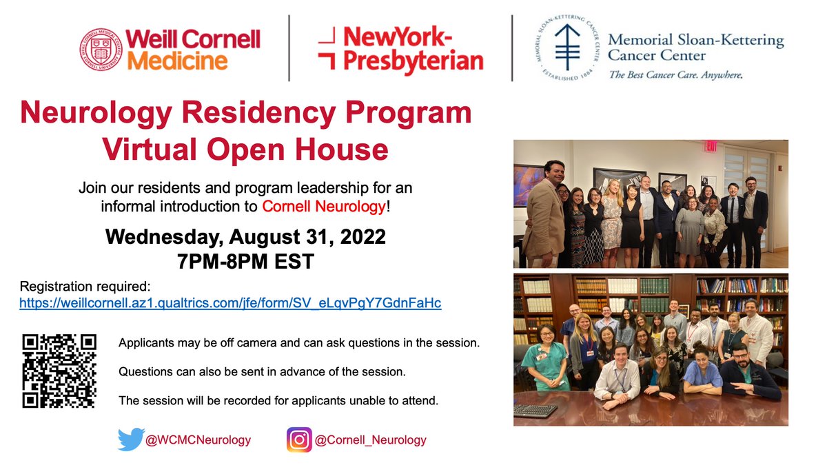 We are excited to announce our #Neurology Residency Virtual Open House! Please join our program team and residents at 7PM EST on Wednesday, August 31. Registration: weillcornell.az1.qualtrics.com/jfe/form/SV_eL… @WeillCornell @nyphospital @MSKCancerCenter @NMatch2023 #Match2023