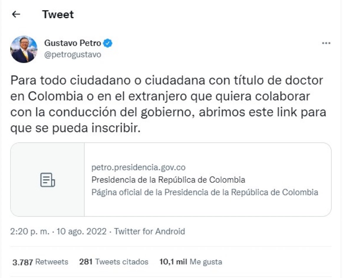 AlertaNews24's tweet photo. 🇨🇴 | AHORA: El presidente de Colombia Gustavo Petro, convocó a los colombianos que cuenten con título de doctorado, que actualmente estén viviendo en el país o en el exterior, y deseen regresar para aportar su experiencia y conocimiento al “gobierno del cambio”. https://t.co/gVSPOnC5MS