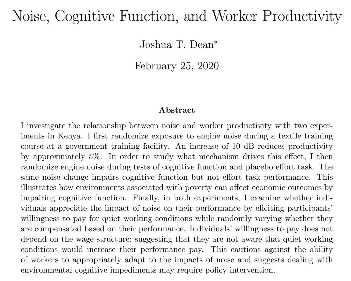 Noise pollution is worse than you think: a 10db noise increase (from dishwasher to vacuum) drops productivity by 5%. But YOU DON’T NOTICE: noise hurts your ability to think, not your effort.

You work as hard but do worse! And poorer areas have more noise. joshuatdean.com/wp-content/upl…