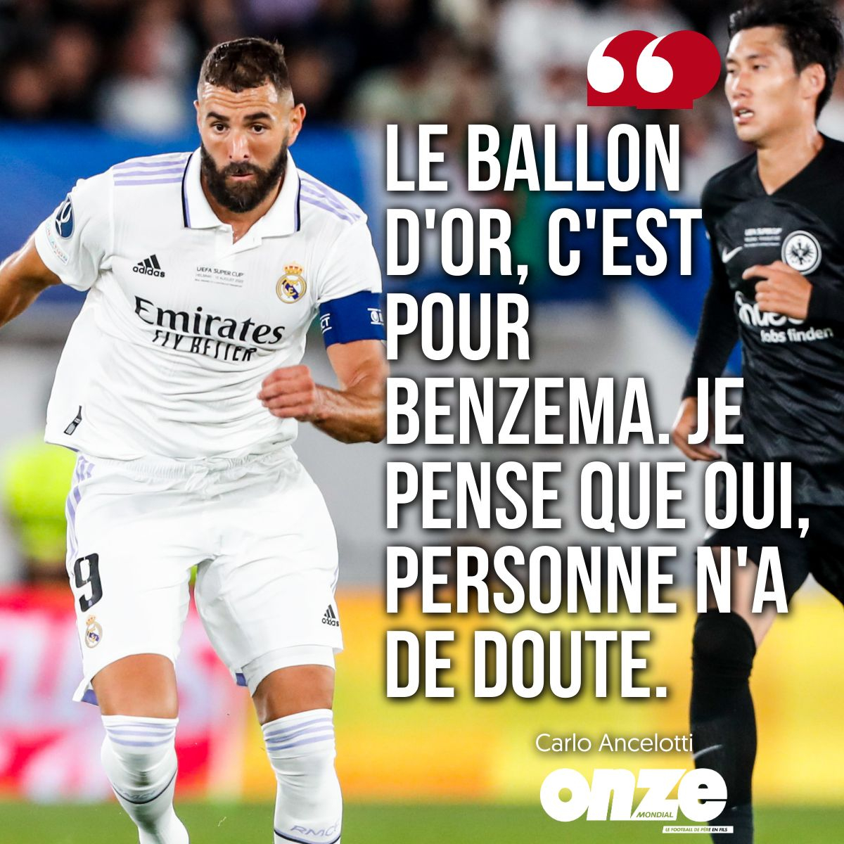 OnzeMondial's tweet photo. Pour Carlo Ancelotti aucun doute possible, Benzema est le futur Ballon d'Or ! #RMAFRA
➡️ https://t.co/Psbg7gqMYu https://t.co/dhdvmjAUGo