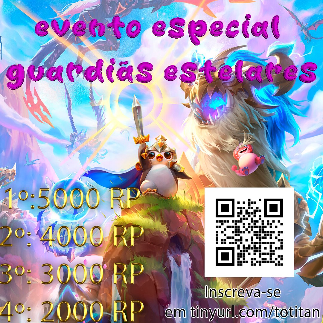 Com esta belíssima imagem aprovada por todos do centro de mídias, retomamos os torneios aos fim de semana, e especialmente neste com premiação muito maior. Serão 1 de TFT e 3 de LoL em ARAM, x1 e 5x5 normal.Amanhã tem artes melhores mas hj vai essa mesmo tinyurl.com/totitan