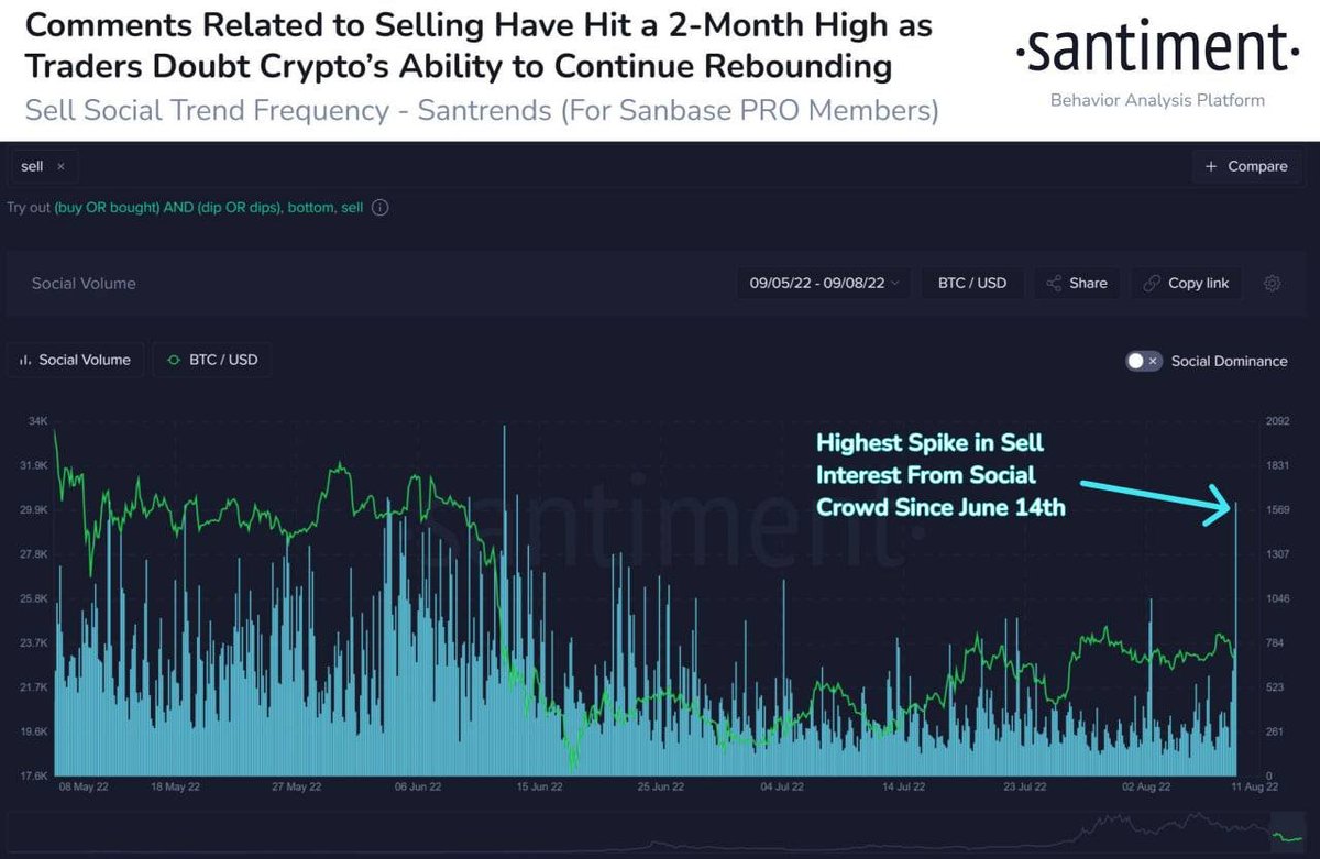 Paws876's tweet photo. Judging by the frequency of sales mentioned on Twitter, Reddit, and Discord, the crypto community does not seem convinced that Bitcoin and other assets will continue to rise to prosperous levels. Selling interest surged to a 2-month high. https://t.co/JssnX2zPQ7