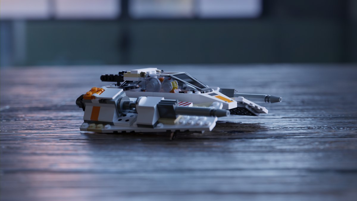 whocompute's tweet photo. Lego Star Wars Snowspeeder built in LeoCAD, rendered in @blender #b3d, textures from @ambientCG, HDRI by @polyhaven, 4K at 4096 samples. More renders + alternate versions are at https://t.co/ktcJePA0VP https://t.co/anfYYMG1Sr