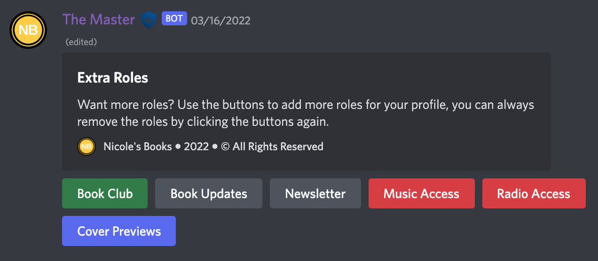 NicolesBooks1's tweet photo. We moved from using emoji reactions to using buttons instead, users who already had a role from the previous version of role reactions will keep their role and will not be effected by this update. https://t.co/JjdjKpd4vc