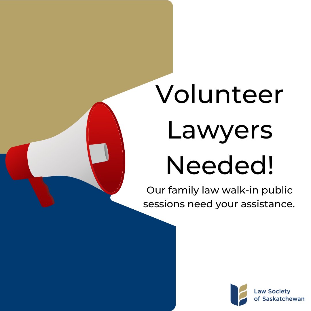PleaSask's tweet photo. The @LawSocietySask is looking for more lawyers to volunteer for their family law information sessions in Regina, Saskatoon, Moose Jaw, and Prince Albert.

Anyone interested in volunteering, for even one session, can contact Rolande.wright@gov.sk.ca or 306-787-6513 

Thank you! https://t.co/wmcVp5cgCL