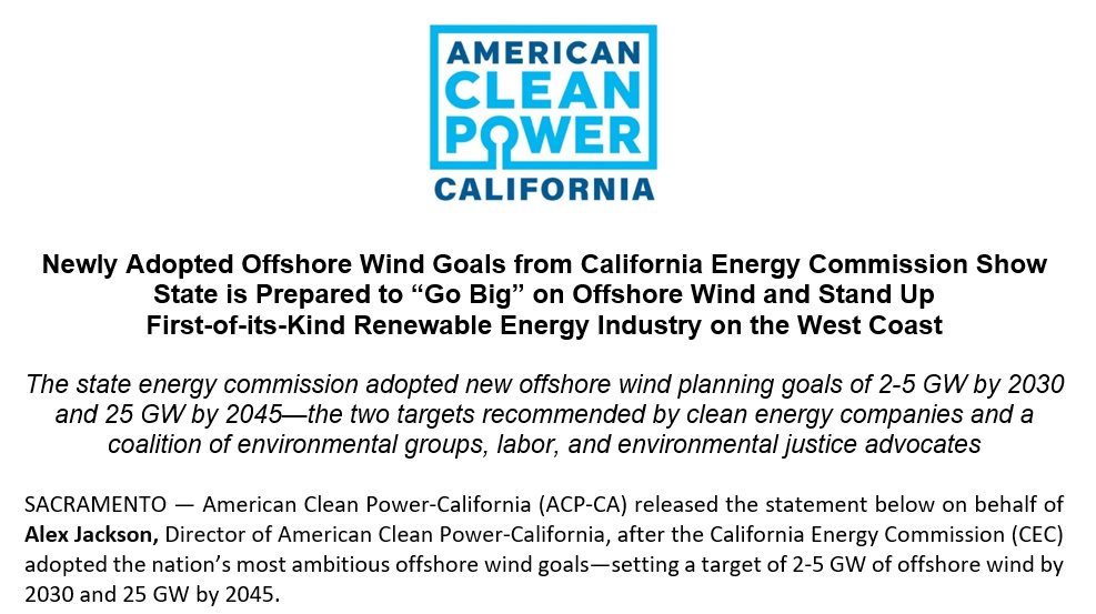 CleanPowerCA's tweet photo. It's a #WINDWIN! 

Today @CalEnergy formally established the nation's most ambitious #OffshoreWind goals for California — 25 GW by 2045 — putting the state on track to stand up the West Coast's first floating offshore wind industry!

Our full statement: ▶ https://t.co/demU0UaSxr https://t.co/0iTJIRzkWy