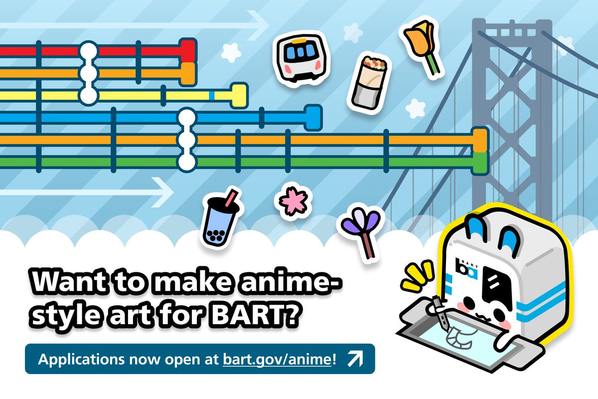 BART is putting out a call for local artists to create a series of anime-style mascots and related works to promote public transit in the Bay Area! 🎨🚆☁️

Interested artists can learn more at bart.gov/anime. Applications are now open thru August 24 at 5pm PST!