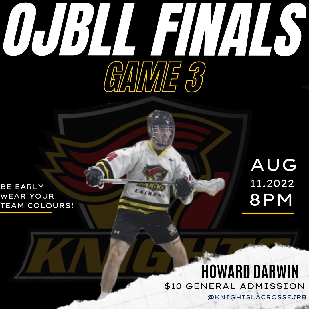 So this is happening on Thursday! Game 3 and a chance to punch a ticket to the Founders Cup! Let’s fill Howie D and show Windsor the way we support Junior lacrosse in Nepean! #knightsproud #knightsfamily #613lax