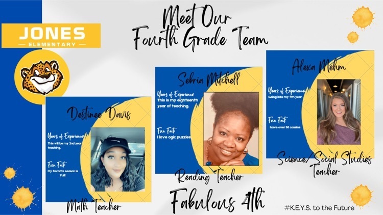 Meet our 4th Grade Team! They are excited to see our FABULOUS 4th Grade Jaguars show growth this year!
#WeAreJones
#KEYStoTheFuture